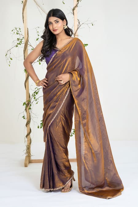 Ellemora Fashions Gold Tissue Embroidery Sweetheart Neck Molten Twilight Saree With Blouse 