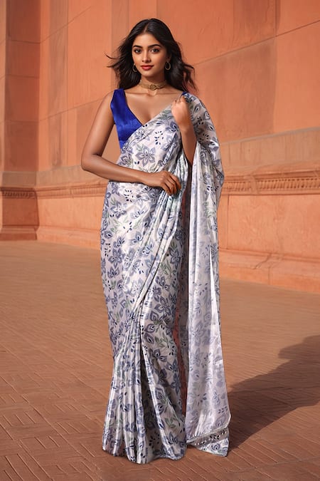 Naintara Bajaj White Chinon V-neck Floral Print Pre-draped Saree With Blouse 