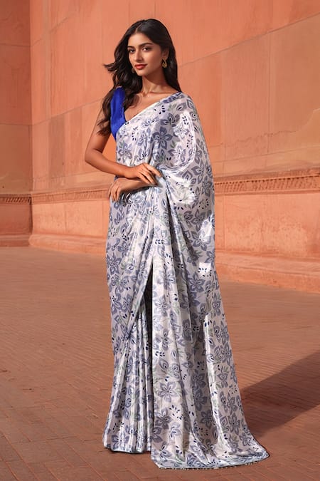 Buy_Naintara Bajaj_White Chinon V-neck Floral Print Pre-draped Saree With Blouse _Online_at_Aza_Fashions