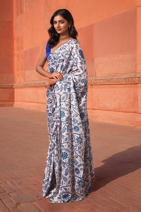 Naintara Bajaj White Chinon Fringe V-neck Floral Print Pre-draped Saree With Blouse Online at Aza Fashions Naintara Bajaj_White Chinon Fringe V-neck Floral Print Pre-draped Saree With Blouse _Online_at_Aza_Fashions