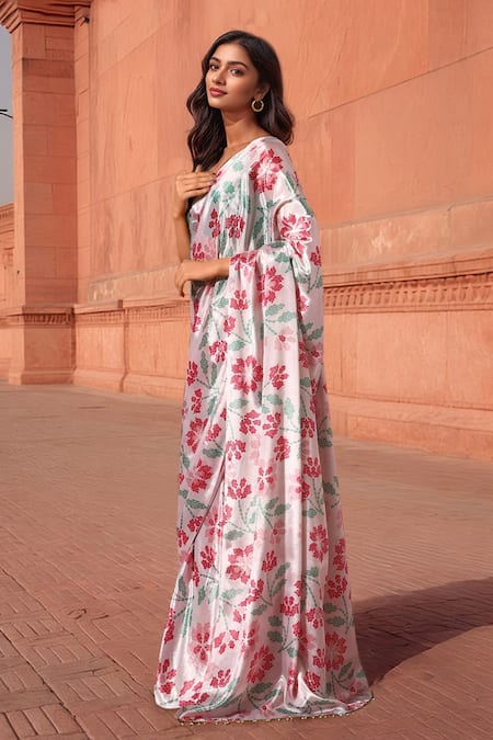 Shop Naintara Bajaj Pink Chinon V-neck Floral Bloom Print Pre-draped Saree With Blouse Online at Aza Fashions Shop_Naintara Bajaj_Pink Chinon V-neck Floral Bloom Print Pre-draped Saree With Blouse _Online_at_Aza_Fashions