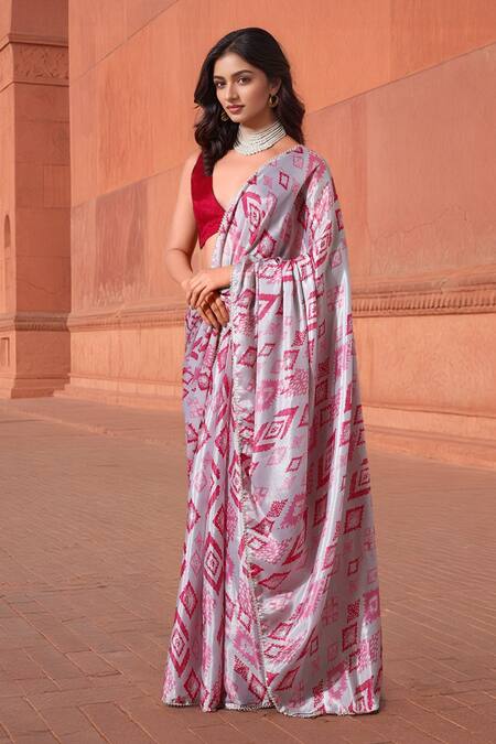 Shop Naintara Bajaj White Chinon, Brocade V-neck Geometric Print Pre-draped Saree With Blouse Online at Aza Fashions Shop_Naintara Bajaj_White Chinon, Brocade V-neck Geometric Print Pre-draped Saree With Blouse _Online_at_Aza_Fashions