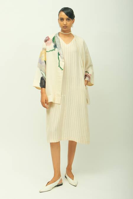 OFRIDA_Ivory V-neck Dalia Dobby Striped Dress _at_Aza_Fashions