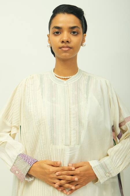 OFRIDA_Ivory Embroidery Mandarin Collar Peony Dobby Striped And Floral Print Dress _Online_at_Aza_Fashions