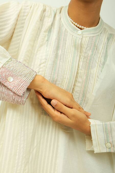 Shop_OFRIDA_Ivory Embroidery Mandarin Collar Peony Dobby Striped And Floral Print Dress _Online_at_Aza_Fashions