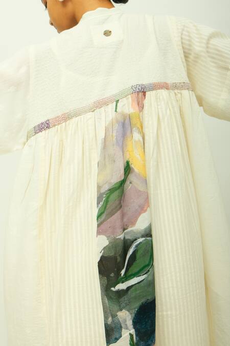 OFRIDA_Ivory Embroidery Mandarin Collar Peony Dobby Striped And Floral Print Dress _at_Aza_Fashions