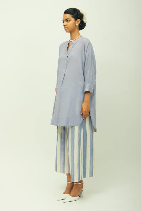 OFRIDA_Lavender Split V-neck Flamingo Floral Hand Painted Shirt _Online_at_Aza_Fashions