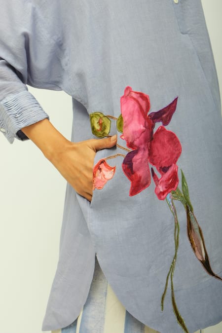 OFRIDA_Lavender Split V-neck Flamingo Floral Hand Painted Shirt _at_Aza_Fashions