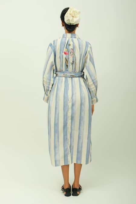 OFRIDA Bloomist Striped Floral Embroidered Poplin Dress 