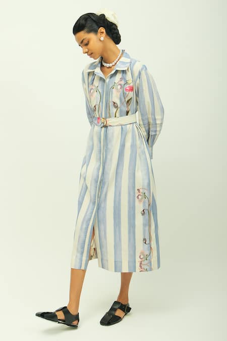OFRIDA_Sky Blue Poplin Embroidery Collared Bloomist Striped Floral Dress _Online_at_Aza_Fashions