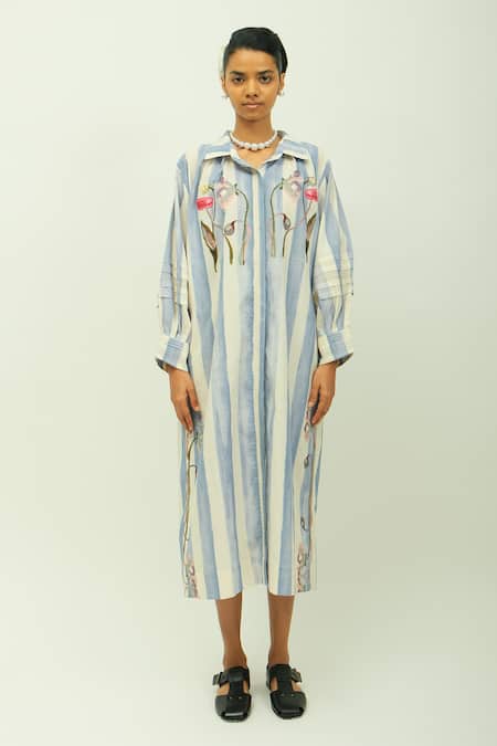 Buy_OFRIDA_Sky Blue Poplin Embroidery Collared Bloomist Striped Floral Dress _Online_at_Aza_Fashions