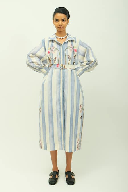OFRIDA Bloomist Striped Floral Embroidered Poplin Dress 