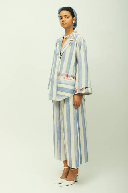OFRIDA_Blue Collared Bloomist Striped Poplin Culottes  _Online_at_Aza_Fashions