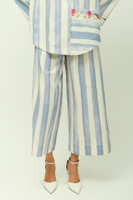 Shop_OFRIDA_Blue Collared Bloomist Striped Poplin Culottes  _Online_at_Aza_Fashions