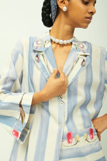 OFRIDA_Blue Collared Bloomist Striped Poplin Culottes  _at_Aza_Fashions