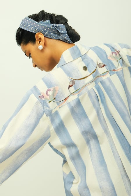 Buy_OFRIDA_Blue Collared Bloomist Striped Poplin Culottes  