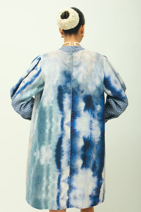 Buy_OFRIDA_Blue Mandarin Collar Whim Dobby Abstract Print Dress _Online_at_Aza_Fashions