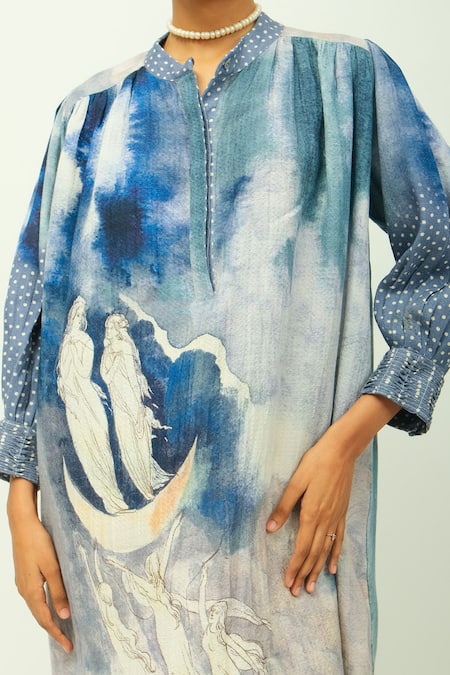 Shop_OFRIDA_Blue Mandarin Collar Whim Dobby Abstract Print Dress _Online_at_Aza_Fashions