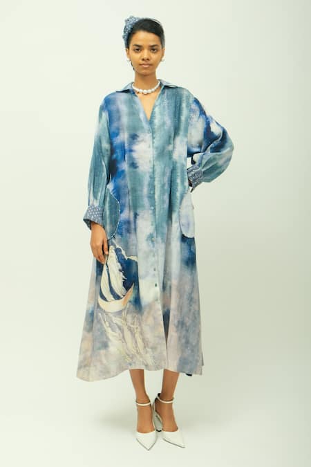 OFRIDA Whim Tie-Dye Dobby Shirt Dress With Beads 