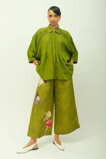 Shop_OFRIDA_Olive Green Jacquard Collared Dusk Leaf Pleated Shirt _Online_at_Aza_Fashions
