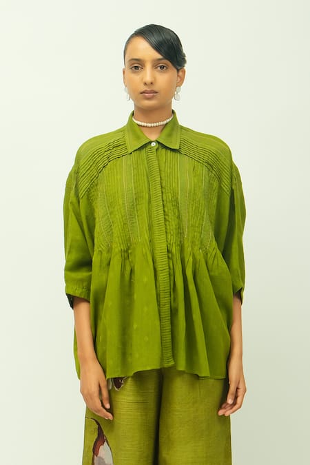 OFRIDA Dusk Leaf Pleated Jacquard Shirt 
