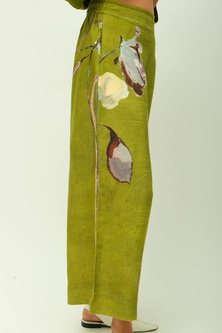 Shop_OFRIDA_Olive Green Dusk Leaf Dobby Floral Print Culottes _Online_at_Aza_Fashions
