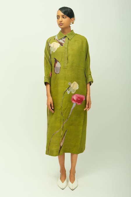 OFRIDA Dusk Leaf Dobby Floral Print Shirt Dress 