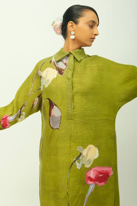 OFRIDA_Olive Green Doriya Collared Dusk Leaf Dobby Floral Print Shirt Dress _Online_at_Aza_Fashions