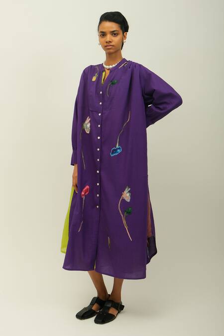 OFRIDA_Purple Embroidery Split V-neck Thistle Floral Sushi Checks Dress _Online_at_Aza_Fashions