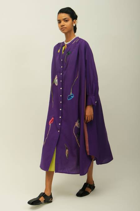 Buy_OFRIDA_Purple Embroidery Split V-neck Thistle Floral Sushi Checks Dress _Online_at_Aza_Fashions