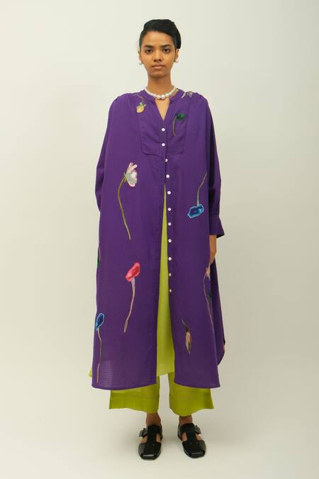 Shop_OFRIDA_Purple Embroidery Split V-neck Thistle Floral Sushi Checks Dress _Online_at_Aza_Fashions