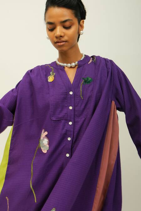 Shop_OFRIDA_Purple Embroidery Split V-neck Thistle Floral Sushi Checks Dress 