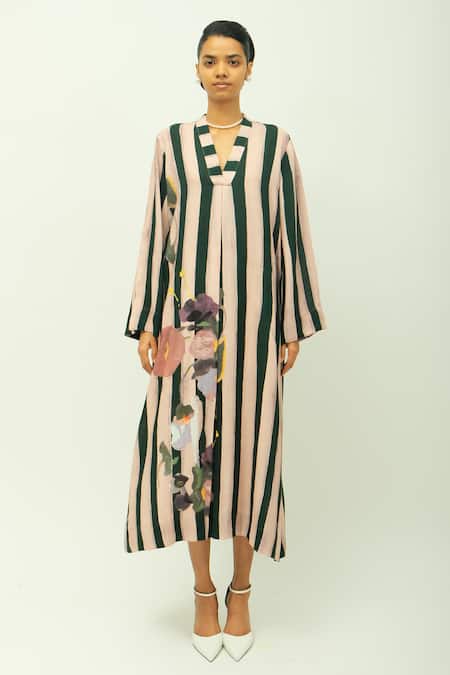 OFRIDA PG Stripes Striped Floral Print Viscose Dress 
