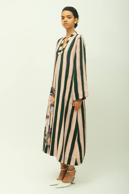 OFRIDA_Pink Viscose V-neck Pg Stripes Floral Print Dress _Online_at_Aza_Fashions