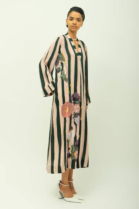 Buy_OFRIDA_Pink Viscose V-neck Pg Stripes Floral Print Dress _Online_at_Aza_Fashions