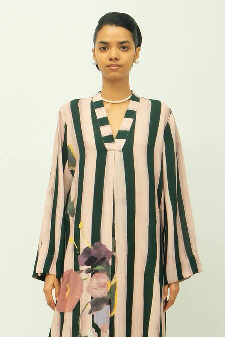 Shop_OFRIDA_Pink Viscose V-neck Pg Stripes Floral Print Dress _Online_at_Aza_Fashions