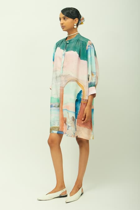 OFRIDA_Muslin Mandarin Collar Sonnet Printed Bemberg Dress _Online_at_Aza_Fashions