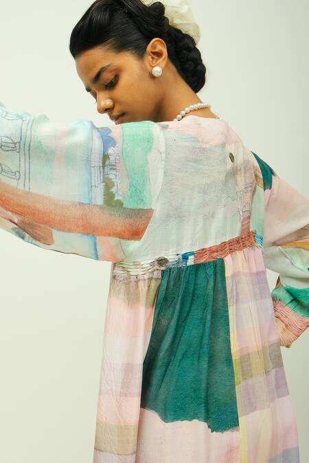 Shop_OFRIDA_Green Muslin V-neck Sonnet Printed Bemberg Pleated Dress _Online_at_Aza_Fashions