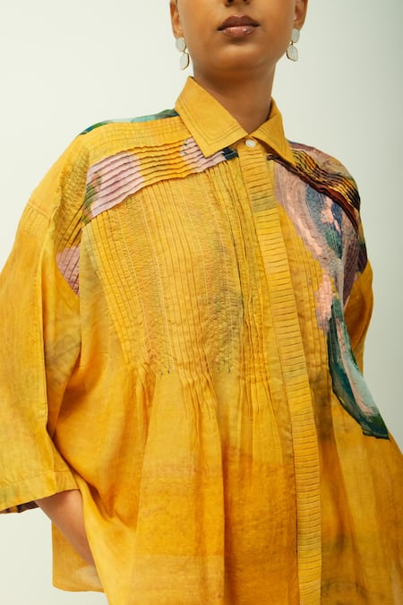 Shop_OFRIDA_Mustard Collared Sol Dobby Pleated And Abstract Print Shirt _Online_at_Aza_Fashions