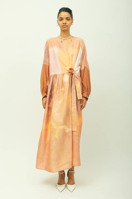 OFRIDA_Peach Viscose V-neck Daydream Printed Wrap Dress  _Online_at_Aza_Fashions
