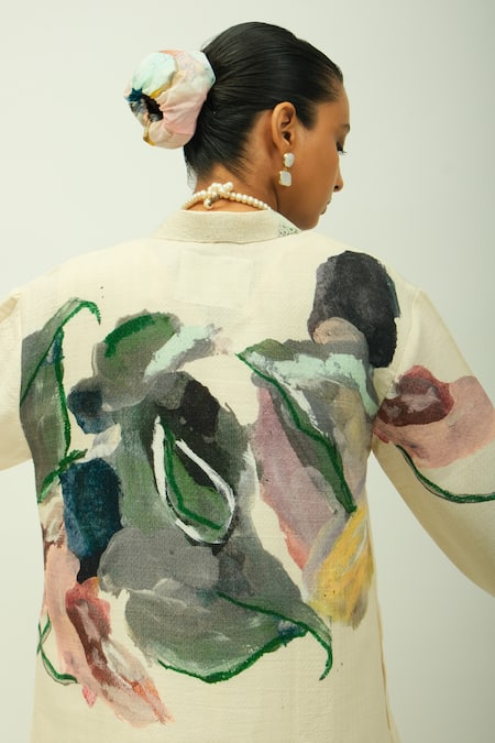 Shop_OFRIDA_Ivory V-neck Dalia Dobby Striped Dress And Abstract Print Jacket _Online_at_Aza_Fashions