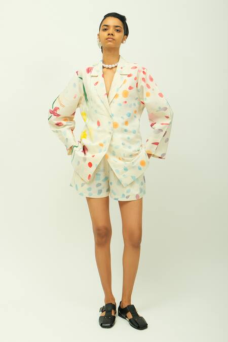 Shop_OFRIDA_Off White Poplin Collared, V-neck Kahlo Printed Shirt And Shorts Set _Online_at_Aza_Fashions