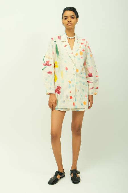 OFRIDA_Off White Poplin Collared, V-neck Kahlo Printed Shirt And Shorts Set _at_Aza_Fashions