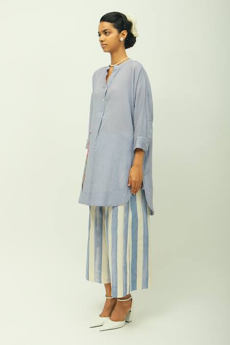 OFRIDA_Blue Poplin Split V-neck Flamingo Floral Print Top And Pant Set _Online_at_Aza_Fashions