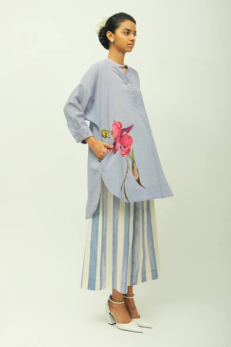 Shop_OFRIDA_Blue Poplin Split V-neck Flamingo Floral Print Top And Pant Set _Online_at_Aza_Fashions