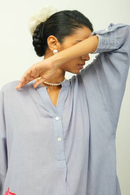 OFRIDA_Blue Poplin Split V-neck Flamingo Floral Print Top And Pant Set _at_Aza_Fashions