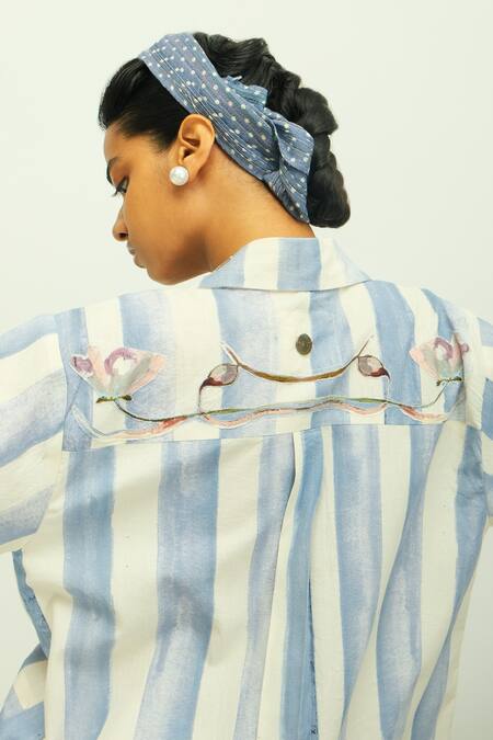Buy_OFRIDA_Blue Poplin Collared Bloomist Striped Top And Pant Set _Online_at_Aza_Fashions