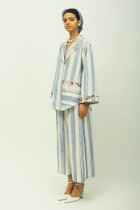 Shop_OFRIDA_Blue Poplin Collared Bloomist Striped Top And Pant Set _Online_at_Aza_Fashions