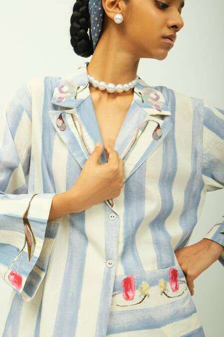 OFRIDA_Blue Poplin Collared Bloomist Striped Top And Pant Set _at_Aza_Fashions