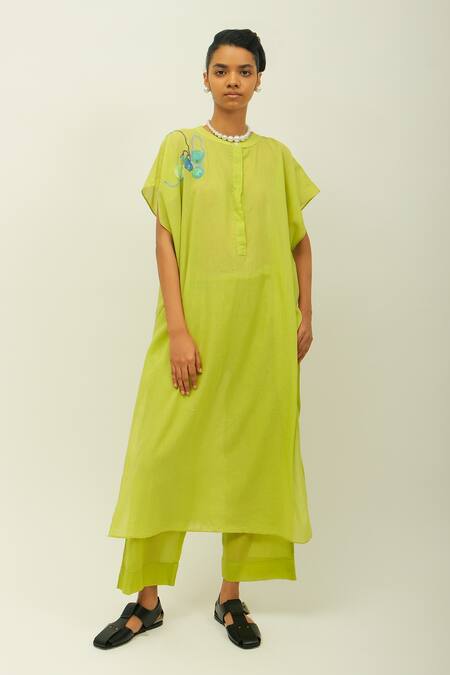 OFRIDA Lime Embroidery Mandarin Collar Tropica Butterfly Kaftan Kurta And Pant Set Online at Aza Fashions OFRIDA_Lime Embroidery Mandarin Collar Tropica Butterfly Kaftan Kurta And Pant Set _Online_at_Aza_Fashions